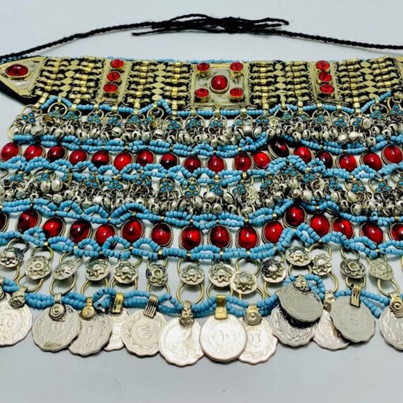 Afghan Choker Necklace, Tribal Kuchi Layered Necklace With Red Glass Stones - Picture 4 of 10